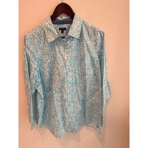 Talbots Blue Coral Print Shirt Womens Plus Petite 2XP Cotton Button